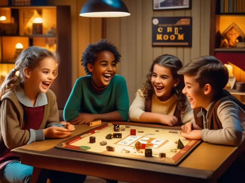 Un grupo de niños disfruta de un juego de rol vintage, riendo y socializando en un ambiente acogedor lleno de influencia de juegos de rol.