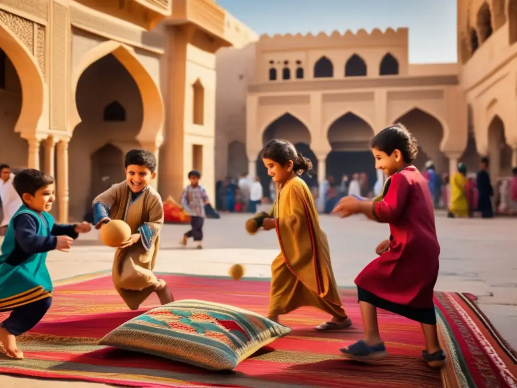 Un grupo de niños juega un juego tradicional en un bullicioso mercado de Medio Oriente, preservando juegos ancestrales con alegría y color.