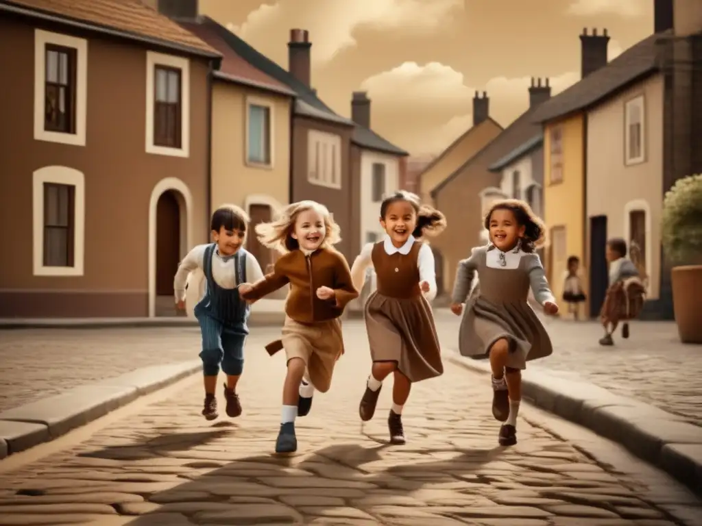Juegos tradicionales en escena vintage: niños disfrutando de la nostalgia