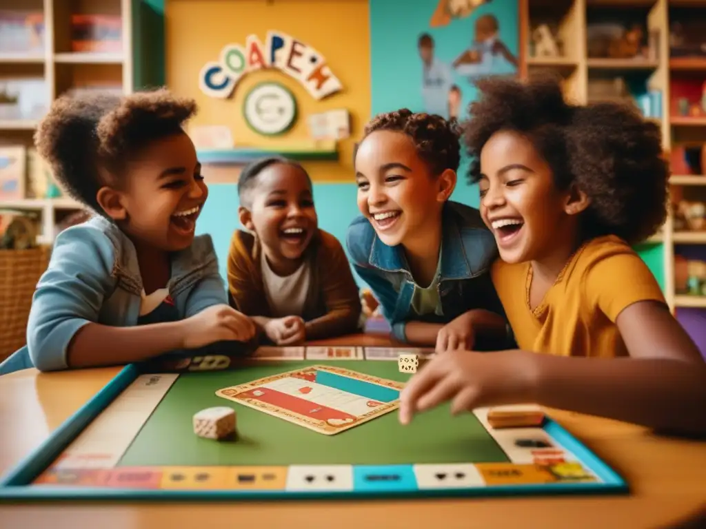 Un grupo de niños diversos disfruta juntos en una cafetería de juegos de mesa, rodeados de estanterías llenas de juegos clásicos y murales coloridos. <b>La imagen cálida y sepia evoca nostalgia y comunidad, destacando el impacto cultural de los juegos cooperativos.