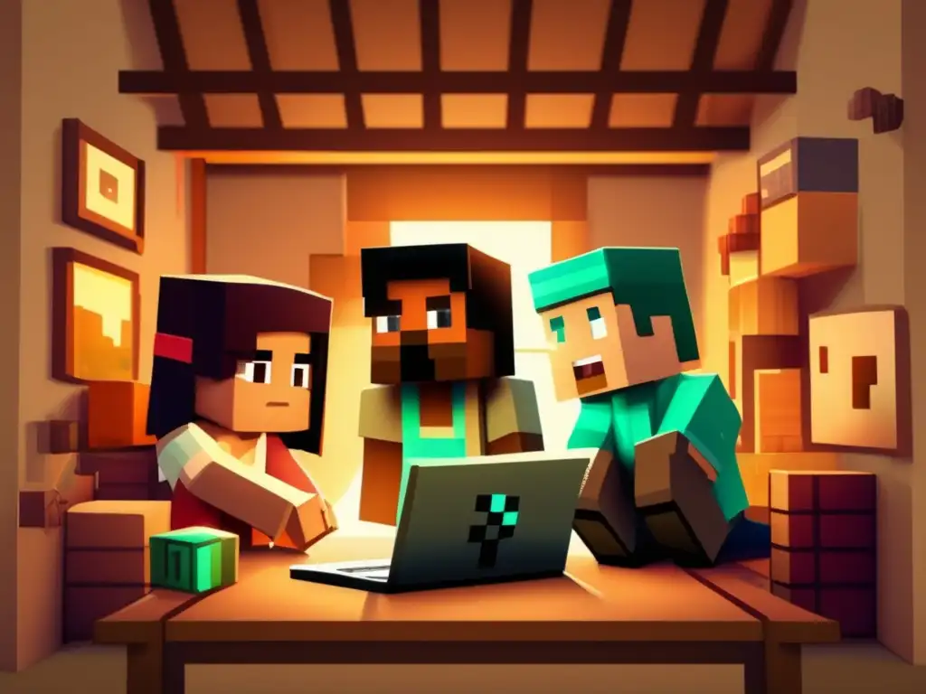 Un grupo de niños diversos disfruta jugando Minecraft juntos en una habitación acogedora, transmitiendo emoción y compromiso, con elementos educativos en el fondo, capturando el impacto cultural de Minecraft.