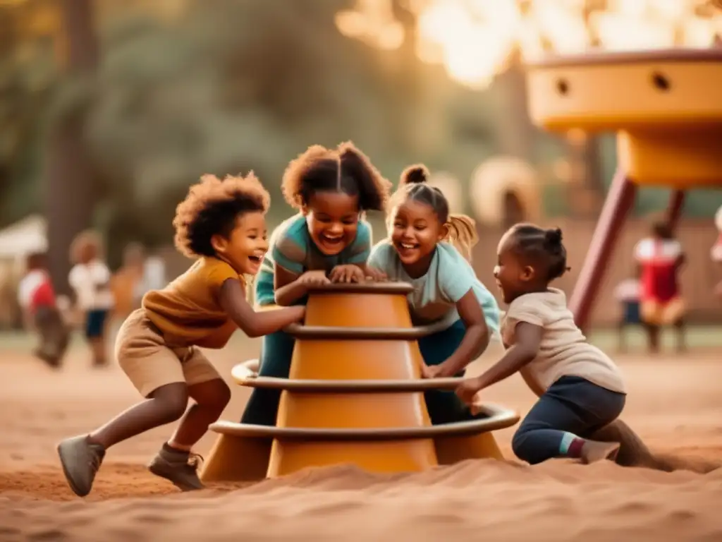 Un grupo de niños diversos juega juntos en un parque vintage, cooperando y riendo. El cálido ambiente evoca un sentido de camaradería atemporal y el impacto cultural de juegos cooperativos en el desarrollo infantil.