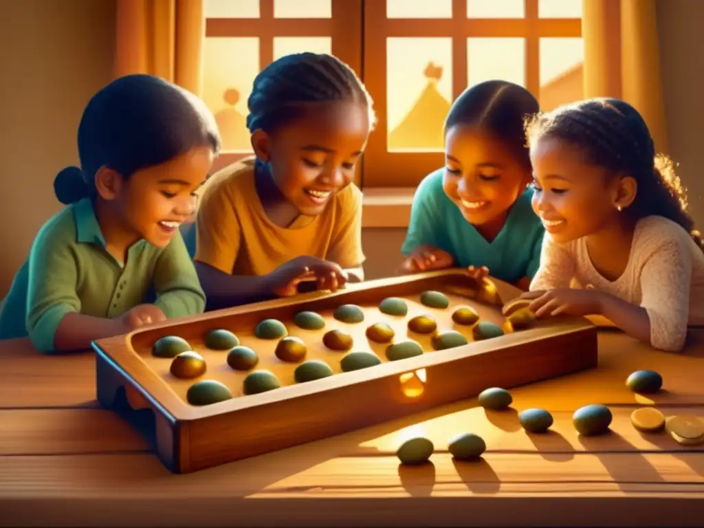 Un grupo de niños juega Mancala, concentrados y emocionados, rodeados de elementos culturales y raíces educativas juegos de mesa tradicionales.