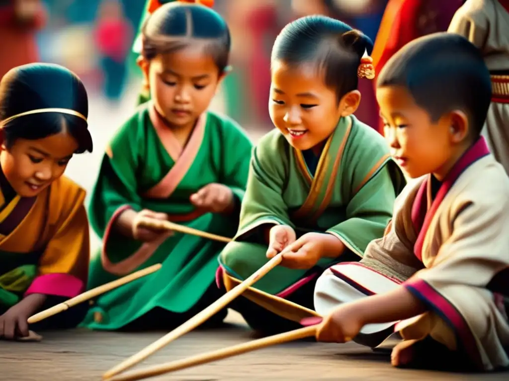 Un grupo de niños en ropa tradicional asiática juega palillos en un bullicioso mercado. La escena evoca el Renacimiento de juegos de palillos en Asia.