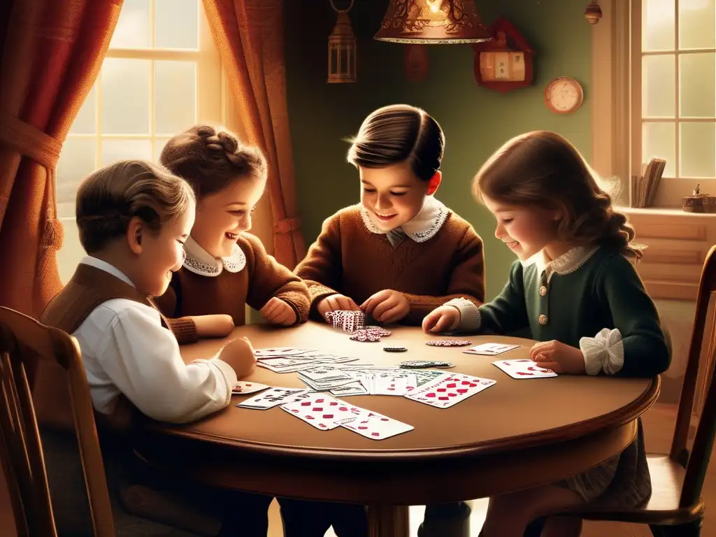 Un grupo de niños sonrientes juega cartas y resuelve ecuaciones matemáticas en una ilustración vintage llena de calidez y encanto nostálgico.