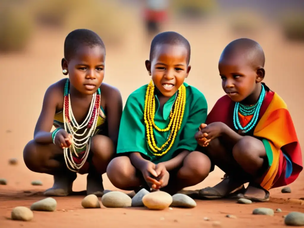 Un grupo de niños sudafricanos juega diketo con ropa tradicional colorida y joyería vibrante, expresando concentración y emoción. El suelo polvoriento y las piedras suaves añaden autenticidad a la escena, evocando la rica cultura del juego de canicas sudafricano.