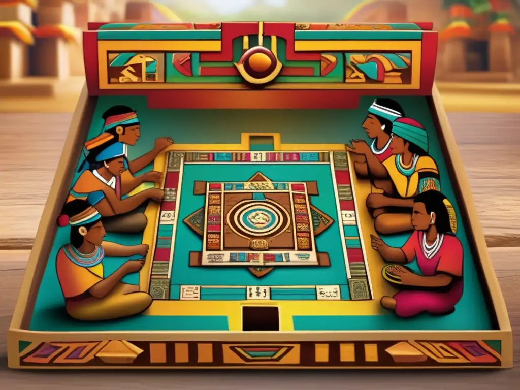 Un grupo de aztecas juega intensamente patolli en un tablero colorido. La escena evoca la tradición de los juegos de apuestas en México.