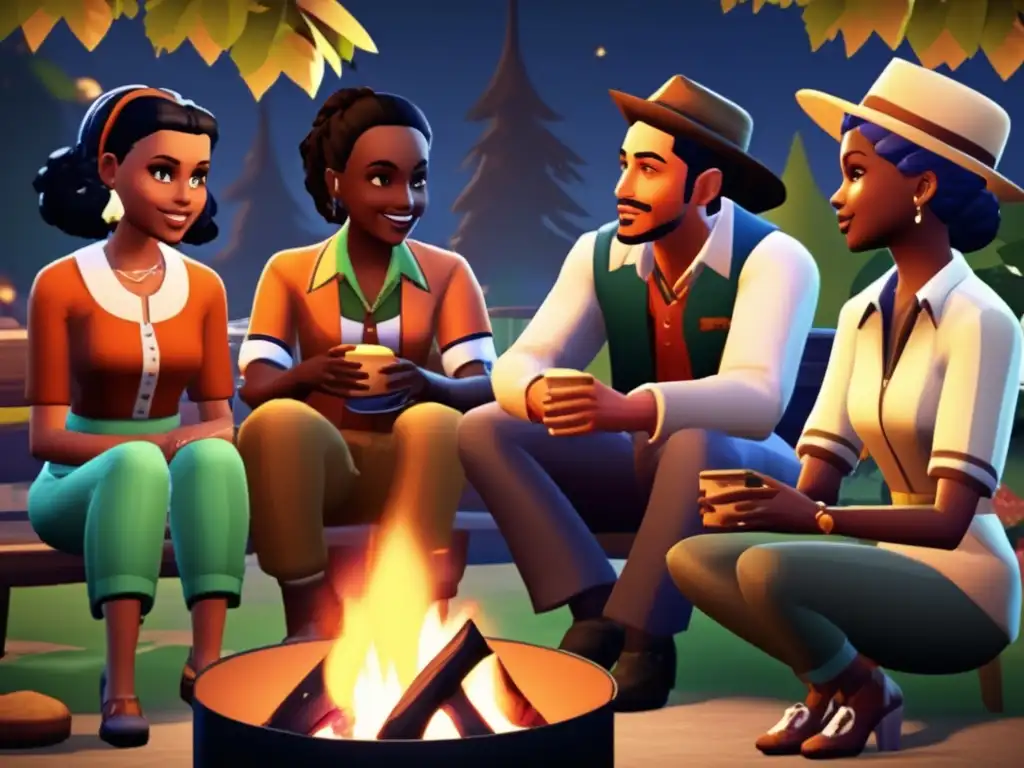 Un grupo de personajes Sims de estilo vintage disfrutando de actividades sociales alrededor de una fogata virtual, reflejando el impacto cultural de los juegos en la comunidad virtual.