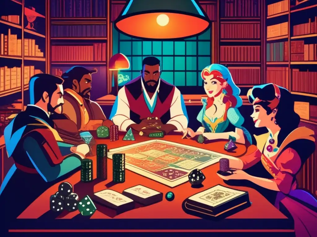 Un grupo de personajes de juegos de rol rodea una mesa con dados, hojas de personaje y piezas detalladas. <b>Visten trajes fantasiosos y manejan armas fantásticas en una habitación atmosférica llena de nostalgia.</b> <b>Importancia del diseño gráfico en juegos de rol.