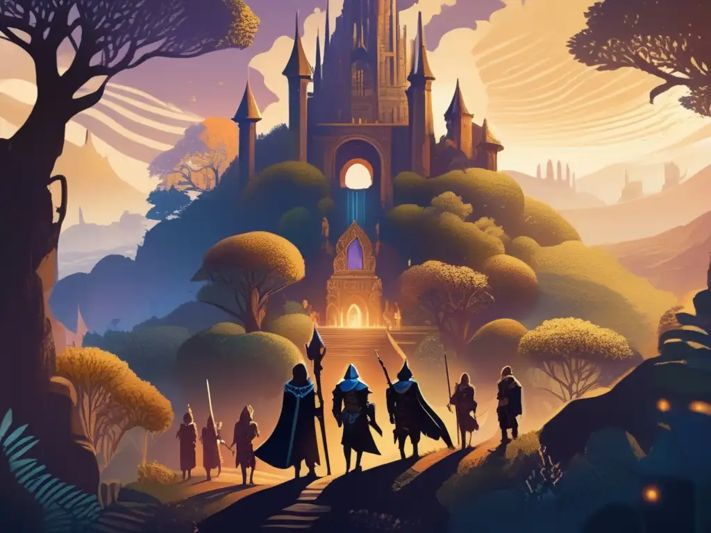 Un grupo de personajes de RPG explorando un paisaje místico y simbólico con influencias de simbolismo religioso en RPG.