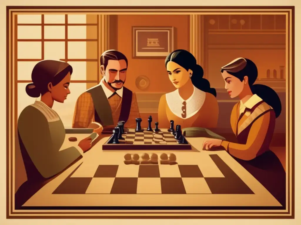 Un grupo de personas juega ajedrez en un entorno histórico, evocando la nostalgia de los juegos de la antigüedad y la historia de género en los juegos milenarios.