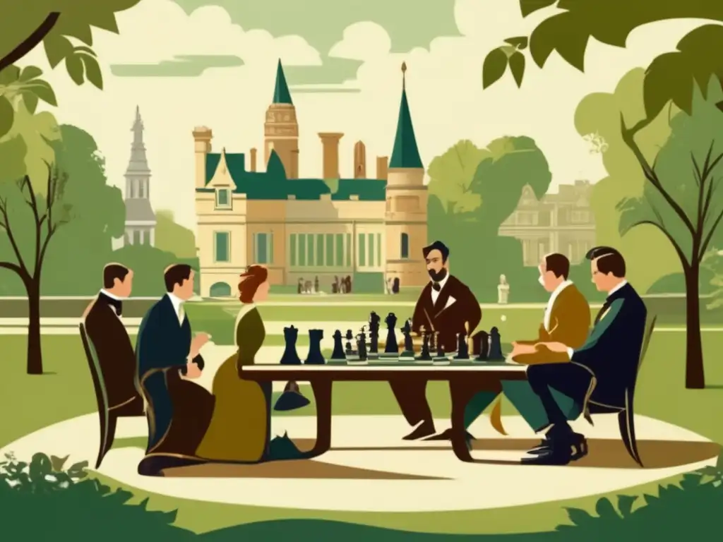 Un grupo de personas juega ajedrez en un parque histórico, vistiendo trajes clásicos. <b>La escena evoca la transformación del ajedrez en América.