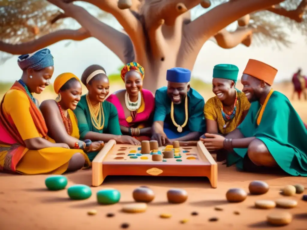 Un grupo de personas disfruta de un animado juego de mancala bajo un baobab, con coloridas piezas y un tablero de madera. <b>La escena irradia la rica historia de los juegos tradicionales africanos.