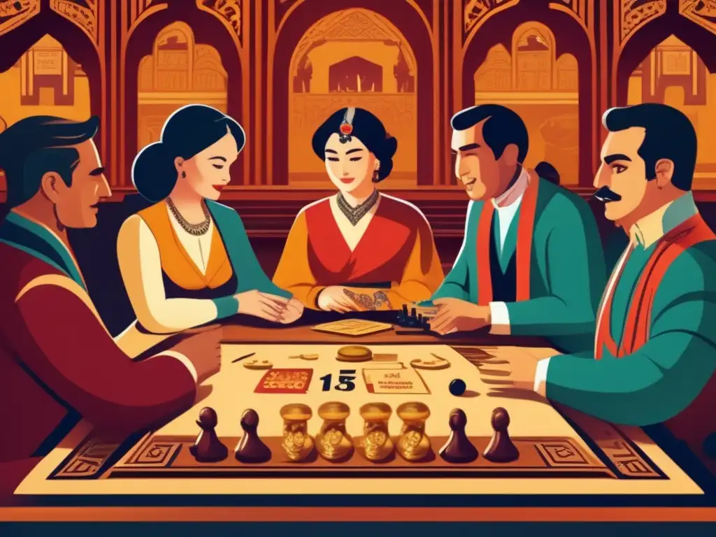 Un grupo de personas juega un antiguo juego de mesa en un ambiente histórico y tradicional, con iconografía juegos de mesa historia.