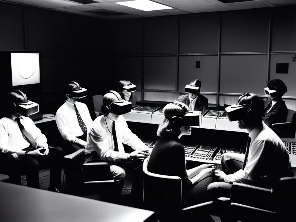 Grupo de personas usando auriculares de realidad virtual en una habitación llena de equipos informáticos antiguos. Atmosfera de experimentación tecnológica en la historia y evolución de la realidad virtual.