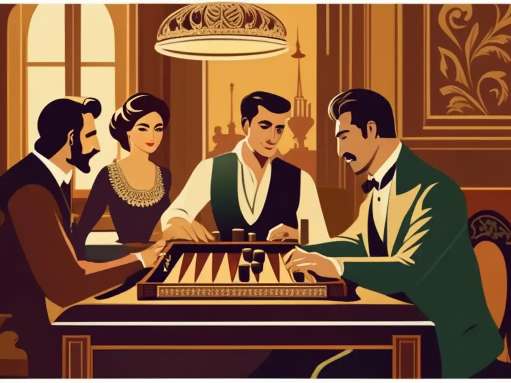 Un grupo de personas juega backgammon en un café vintage, evocando la atmósfera histórica y social del juego. Origen y evolución del backgammon.