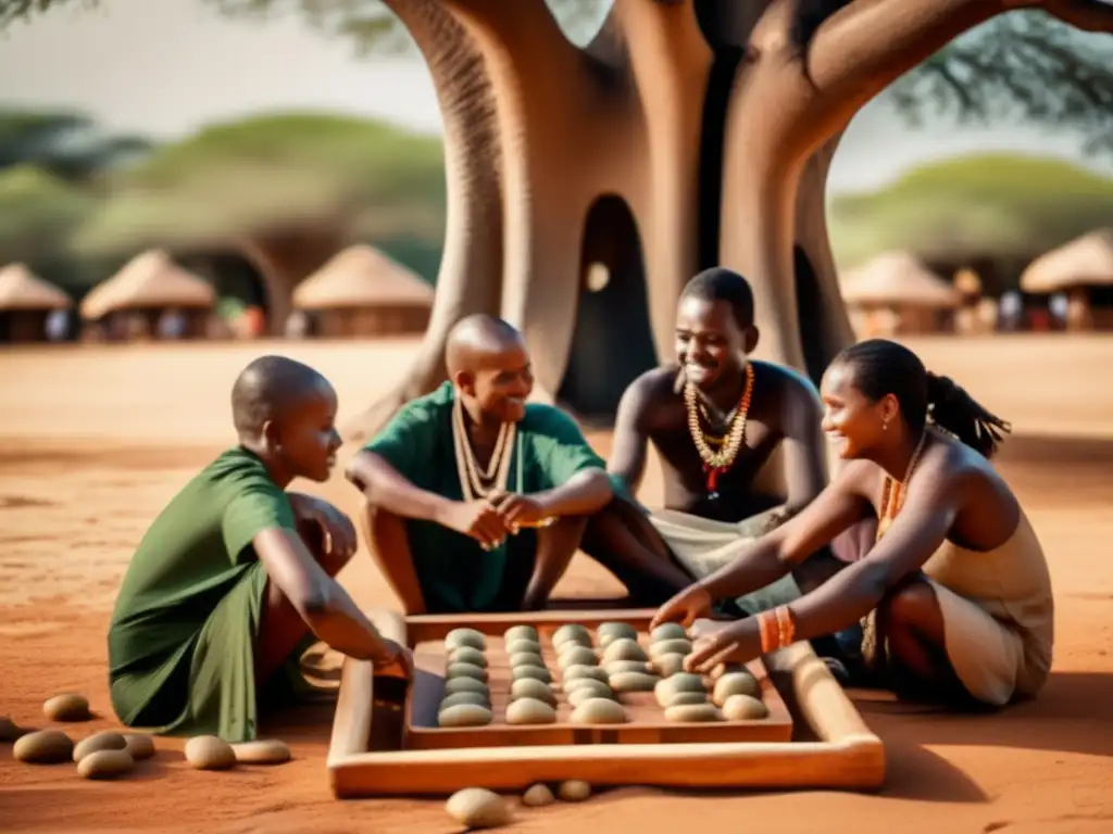 Un grupo de personas Swahili juega Bao bajo un baobab. Oráculos cultura swahili juegos se aprecia en esta escena nostálgica y atemporal.