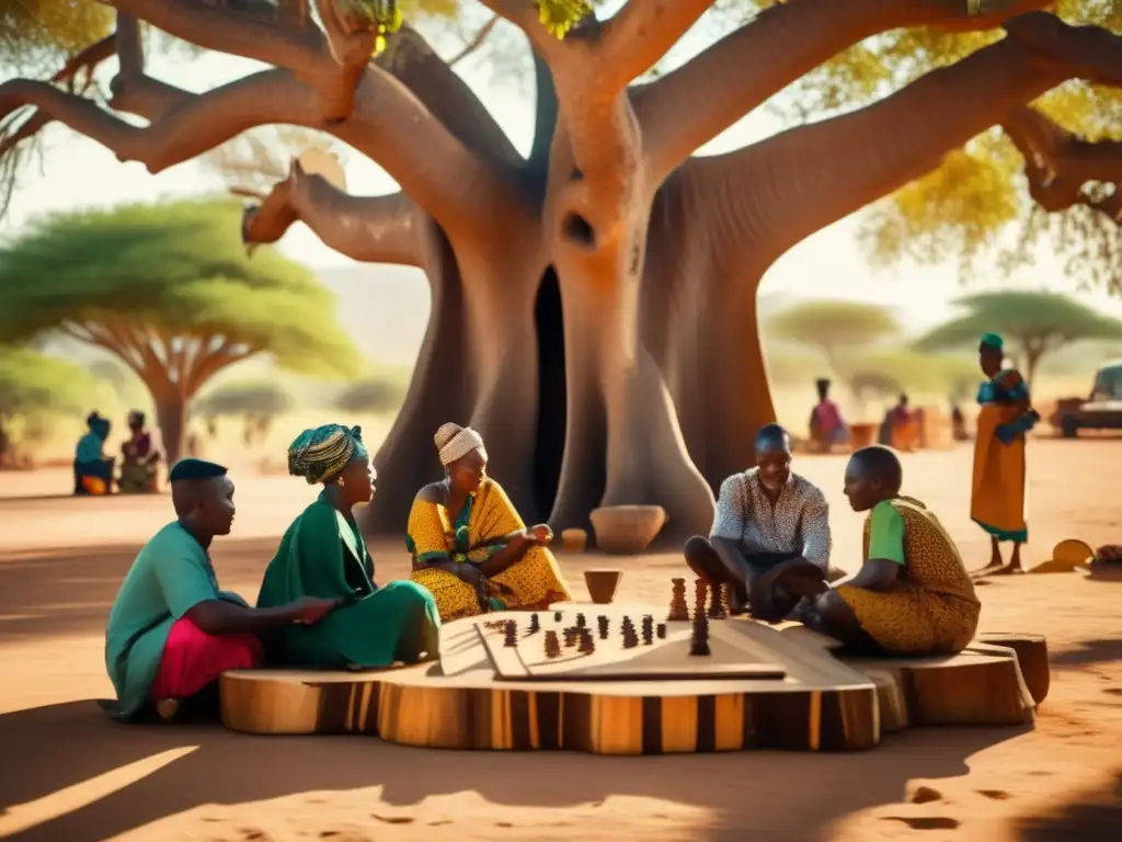 Un grupo de personas juega bajo un baobab a juegos de mesa africanos, capturando la riqueza cultural y la autenticidad de la escena.