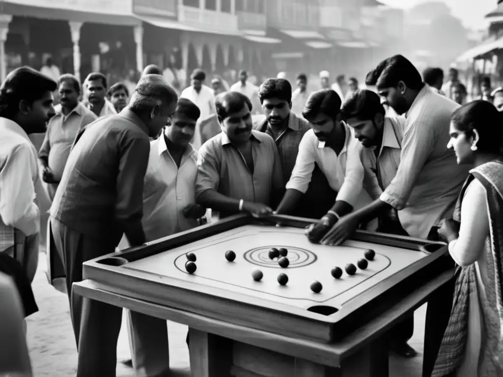 Un grupo de personas juega carrom en un bullicioso mercado de la India, reflejando la historia del carrom en India.