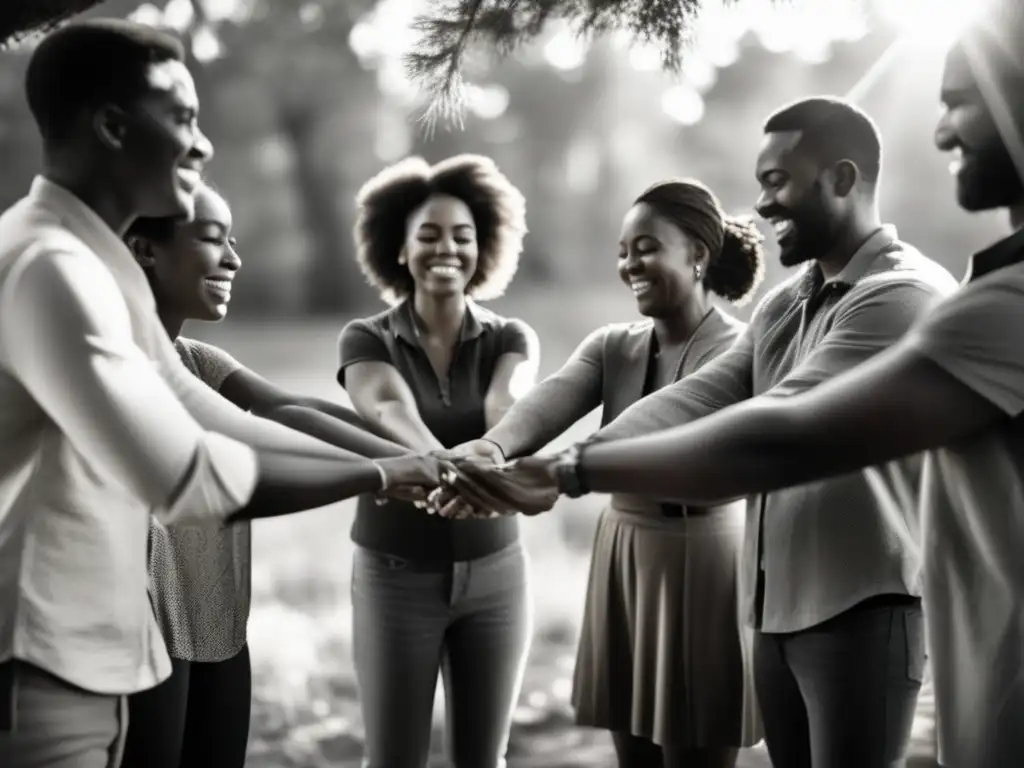 Un grupo de personas en círculo con los ojos cerrados, unidos de las manos en un juego de fortalecimiento de relaciones interpersonales.