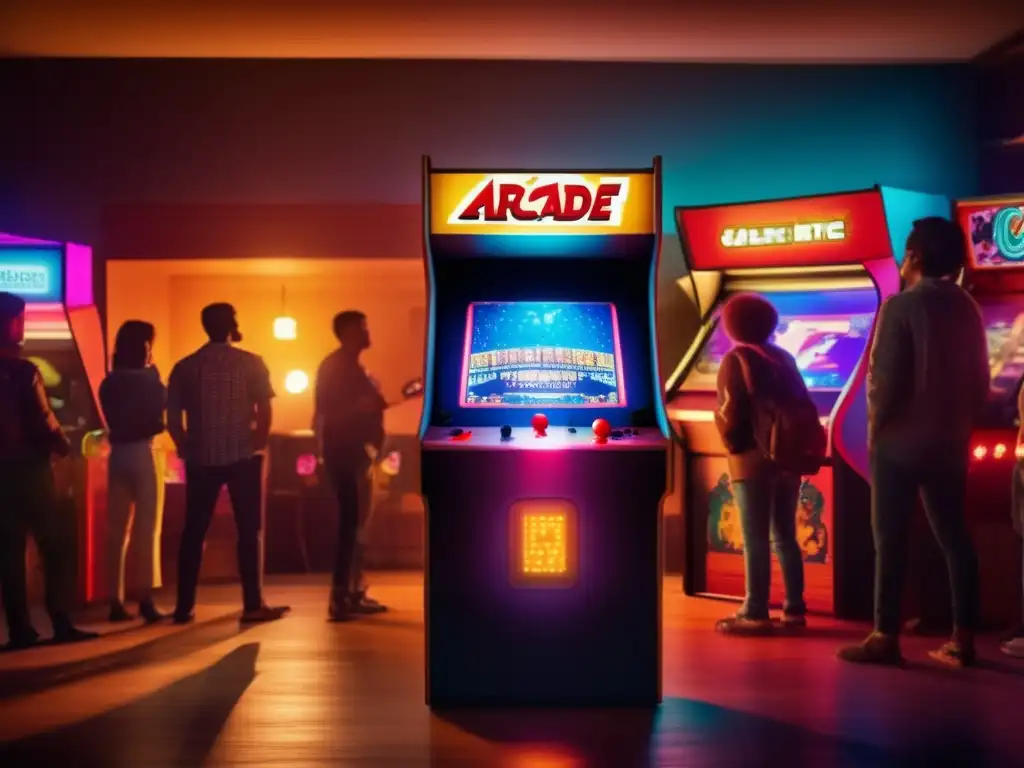 Un grupo de personas se reúne alrededor de un clásico gabinete de arcade, inmersos en la emoción del juego. La escena evoca el nuevo paradigma de consumo de streaming de juegos, con un toque nostálgico.