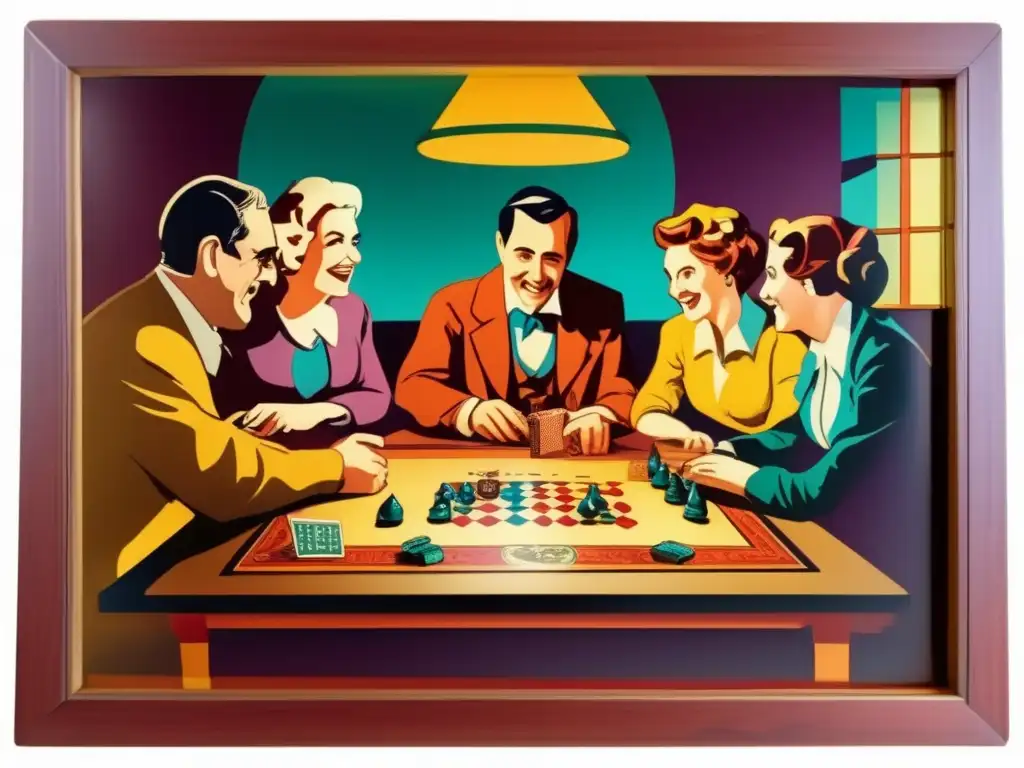Un grupo de personas concentradas y emocionadas juegan un juego de mesa en una habitación vintage. <b>Controversia juegos de mesa.