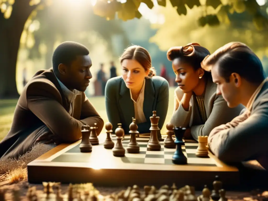 Un grupo de personas concentradas en un juego de ajedrez en un parque, bajo la cálida luz del sol. <b>El ambiente nostálgico resalta la importancia cultural y educativa de los juegos de estrategia y el pensamiento crítico.