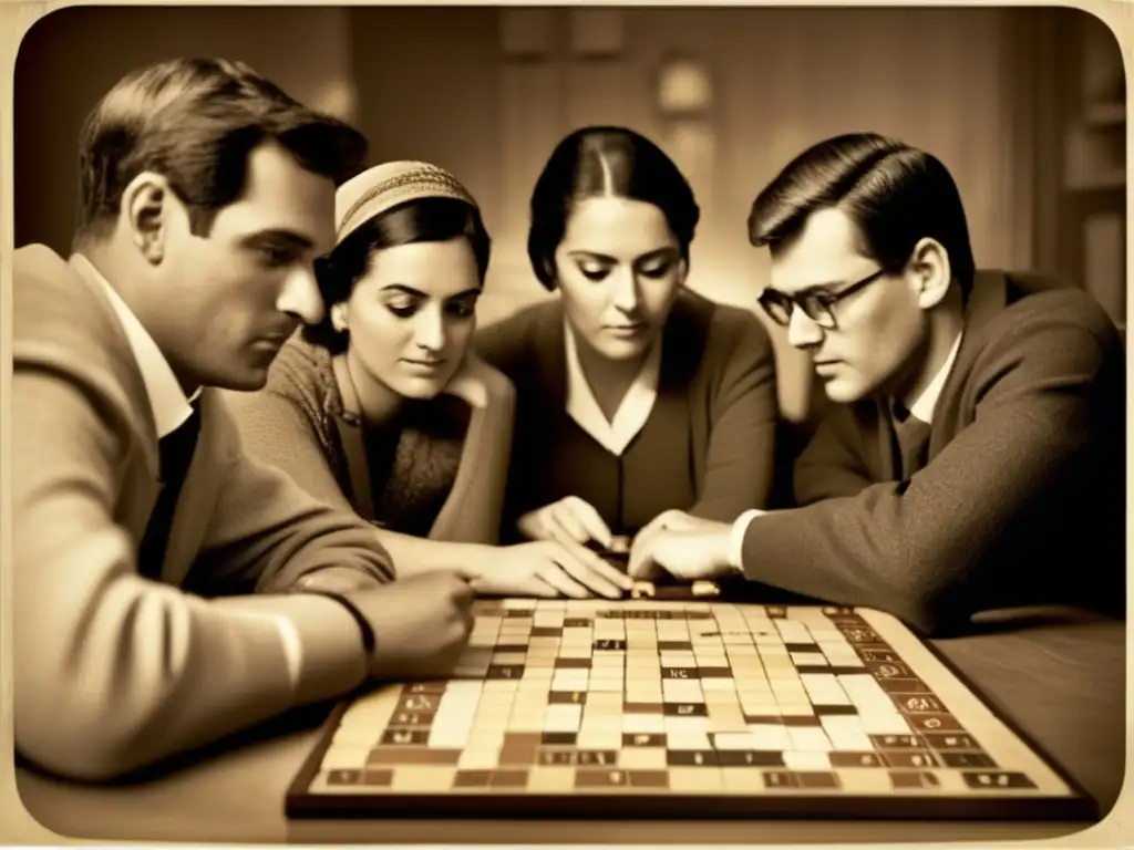 Un grupo de personas concentradas en el juego de Scrabble, evocando nostálgicamente el legado lingüístico del juego.