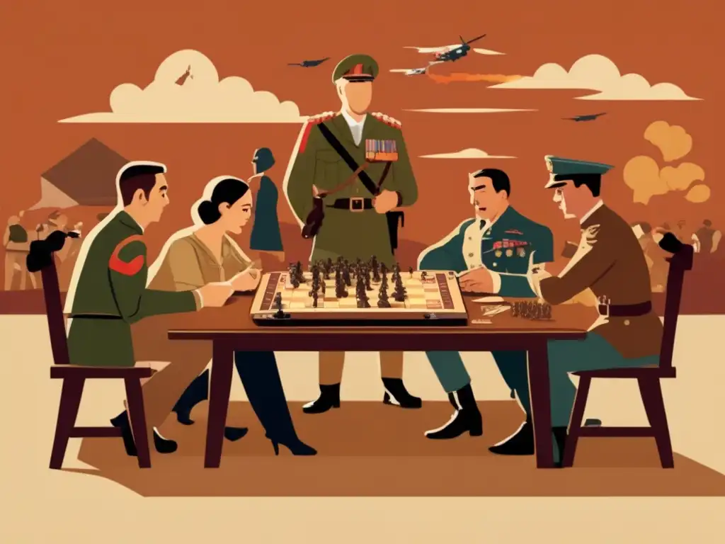 Un grupo de personas concentradas en un juego de guerra vintage, evocando la simbología de juegos de guerra en novelas actuales.