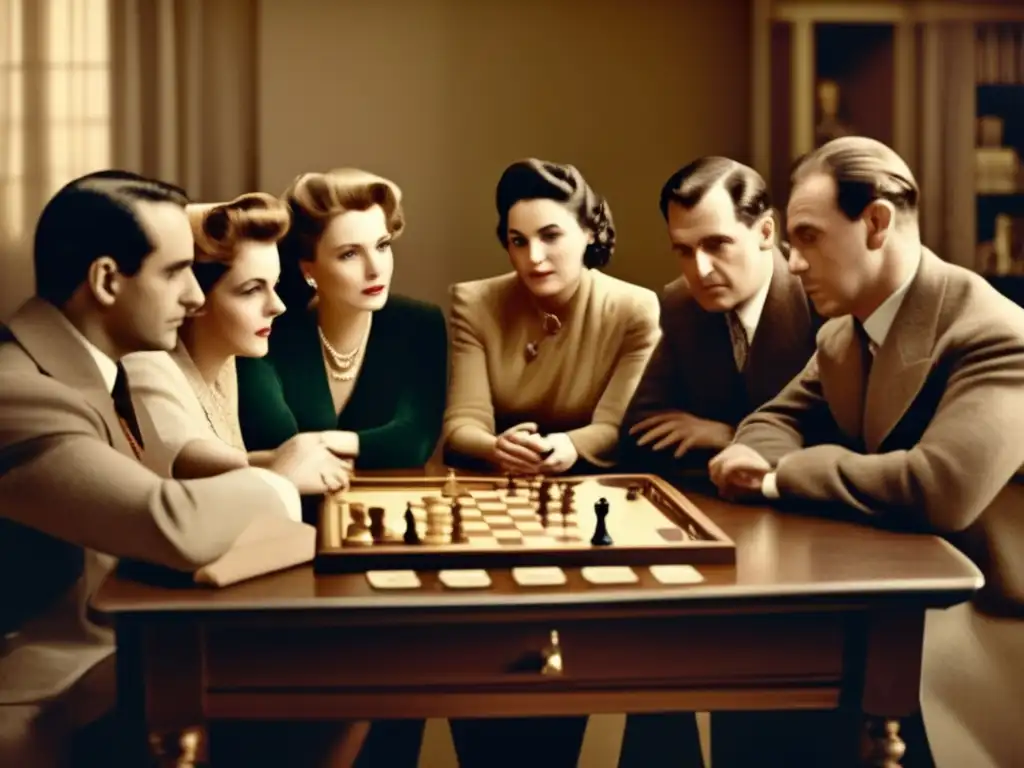 Un grupo de personas concentradas en un juego de mesa estratégico en una fotografía vintage. La intensidad en sus rostros refleja el impacto cultural y la atemporalidad de los juegos de mesa.