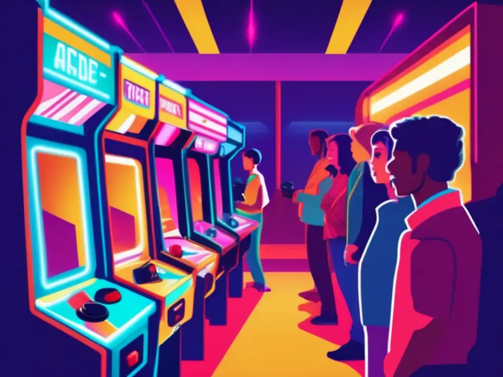 Juego de disparos en el arcade retro: concentración intensa Un grupo de personas concentradas jugando un juego de disparos en un retro arcade, evocando nostalgia por la era de los juegos.