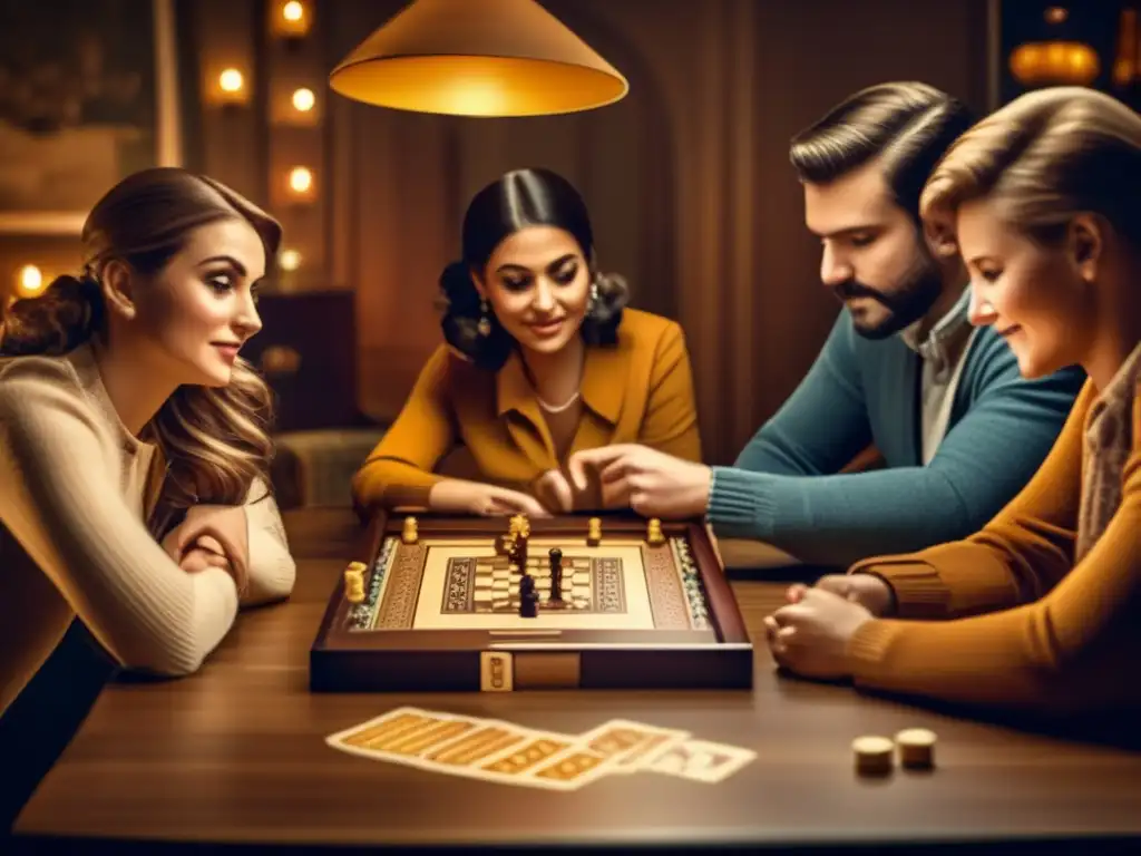 Un grupo de personas concentradas en un juego de mesa vintage, estimulación cognitiva juegos de mesa, con una atmósfera cálida y nostálgica.