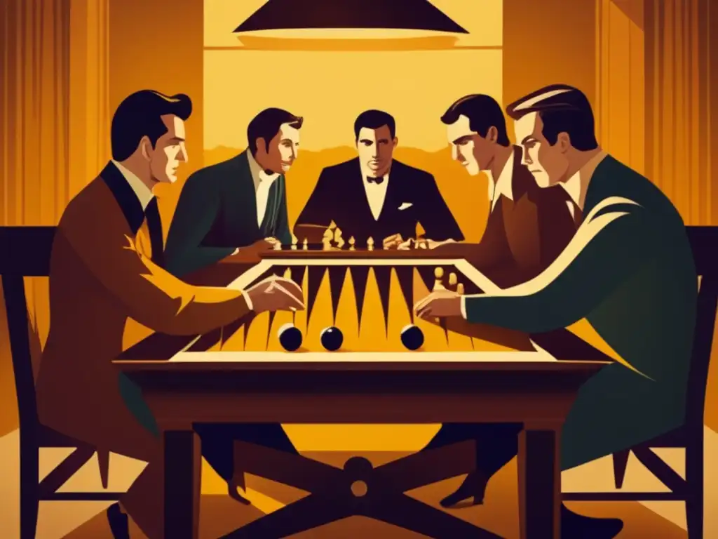 Un grupo de personas concentradas en una partida de backgammon en una habitación cálida y con tonos dorados. <b>Importancia estrategia juegos cognitivo.