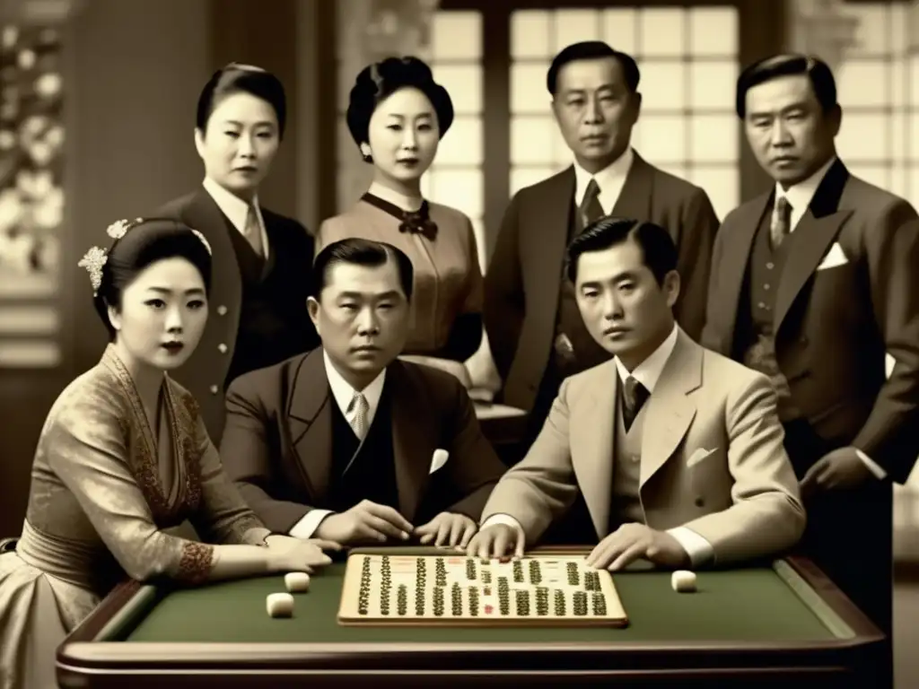 Un grupo de personas concentradas en una partida de mahjong, con detalles vintage. <b>Atmosfera nostálgica evoca la influencia del Mahjong en literatura.