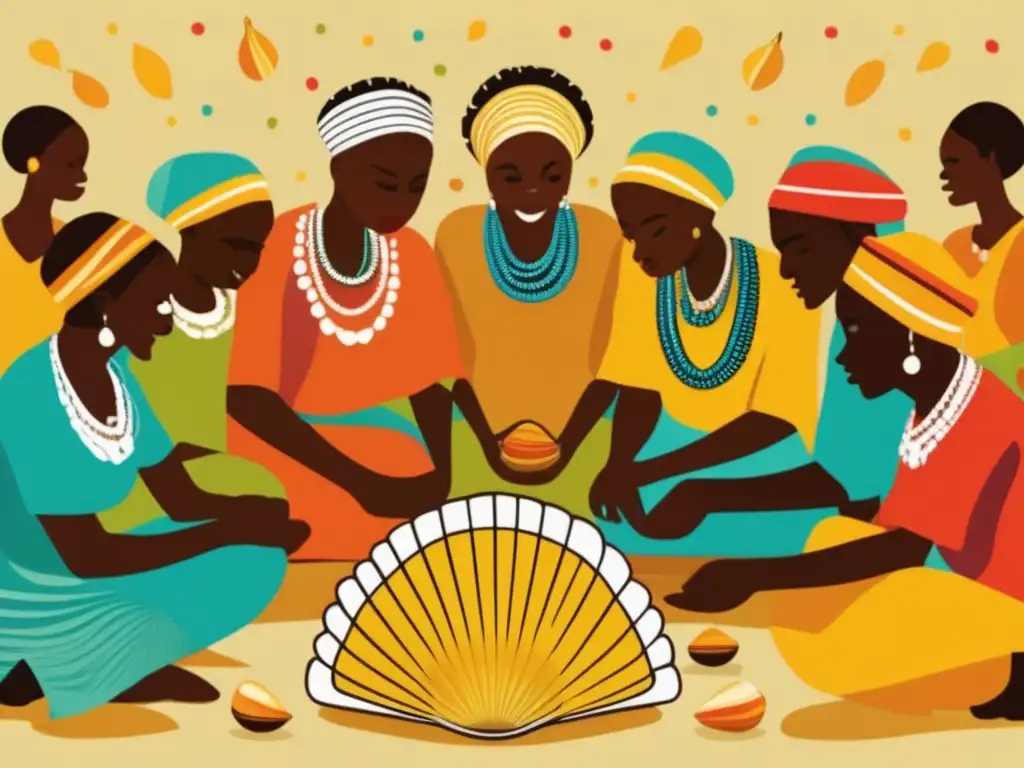 Un grupo de personas swahili juega con conchas, rodeado de detalles y colores vibrantes que capturan la esencia de la cultura swahili y sus juegos tradicionales de oráculos.