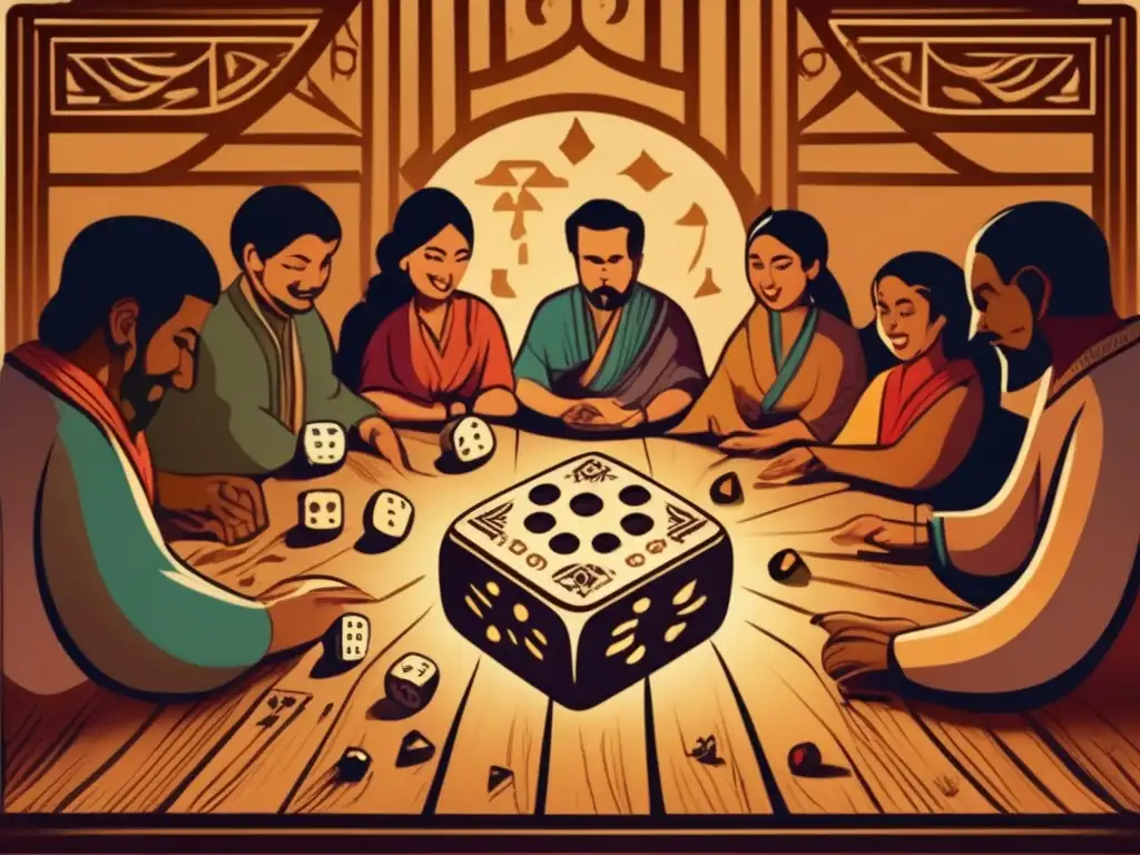 Un grupo de personas de diferentes culturas y épocas juegan con dados antiguos en una atmósfera cálida y emocionante, evocando la historia de los dados en juegos.