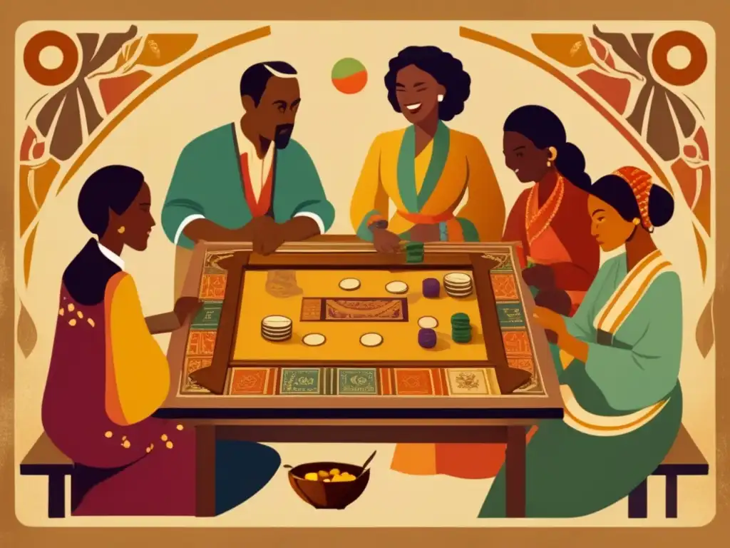 Un grupo de personas de diversas culturas juega juegos de mesa, mostrando el intercambio cultural. <b>Impacto cultural de los juegos de mesa.
