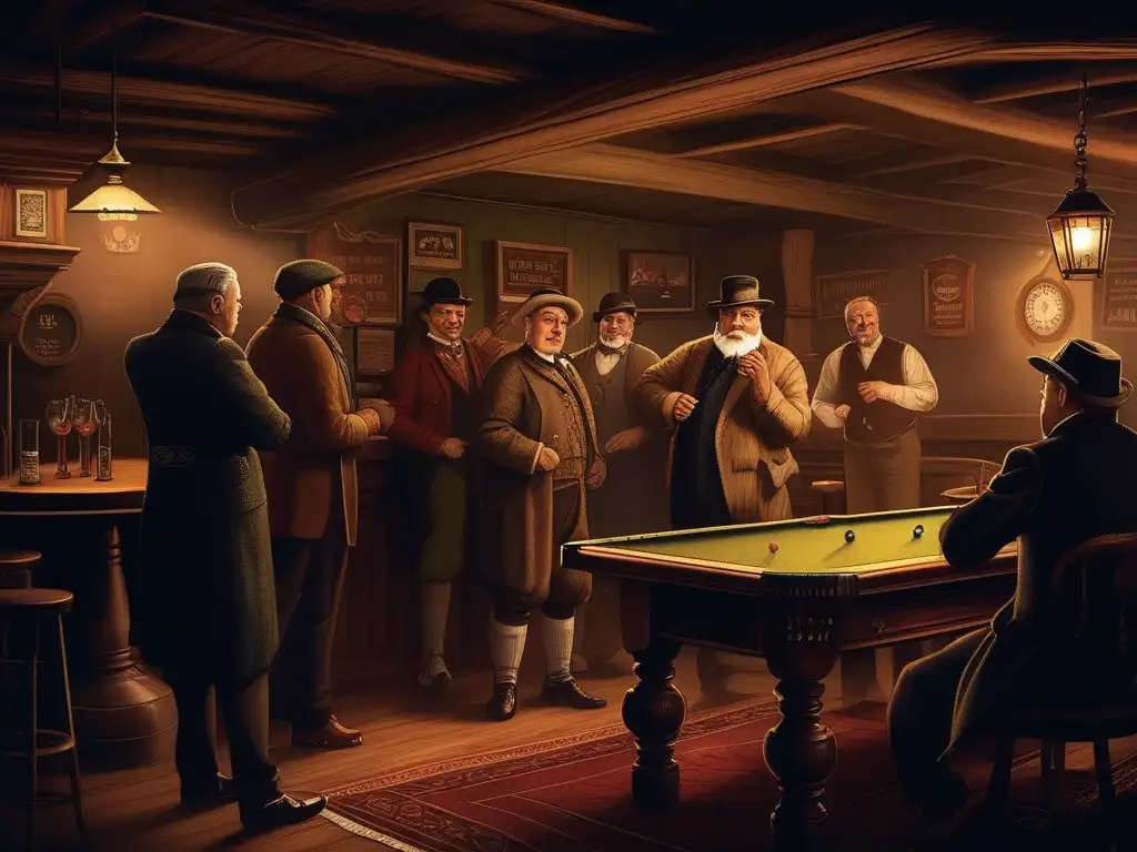 Un grupo de personas juega dardos en un acogedor pub vintage europeo, evocando la evolución del juego de dardos en Europa.