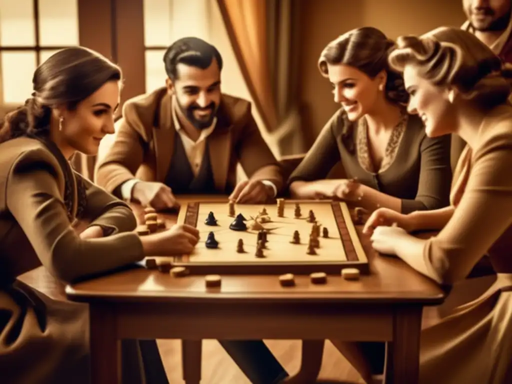 Un grupo de personas juega emocionado un juego de mesa vintage, inmersos en la atmósfera cálida y nostálgica.