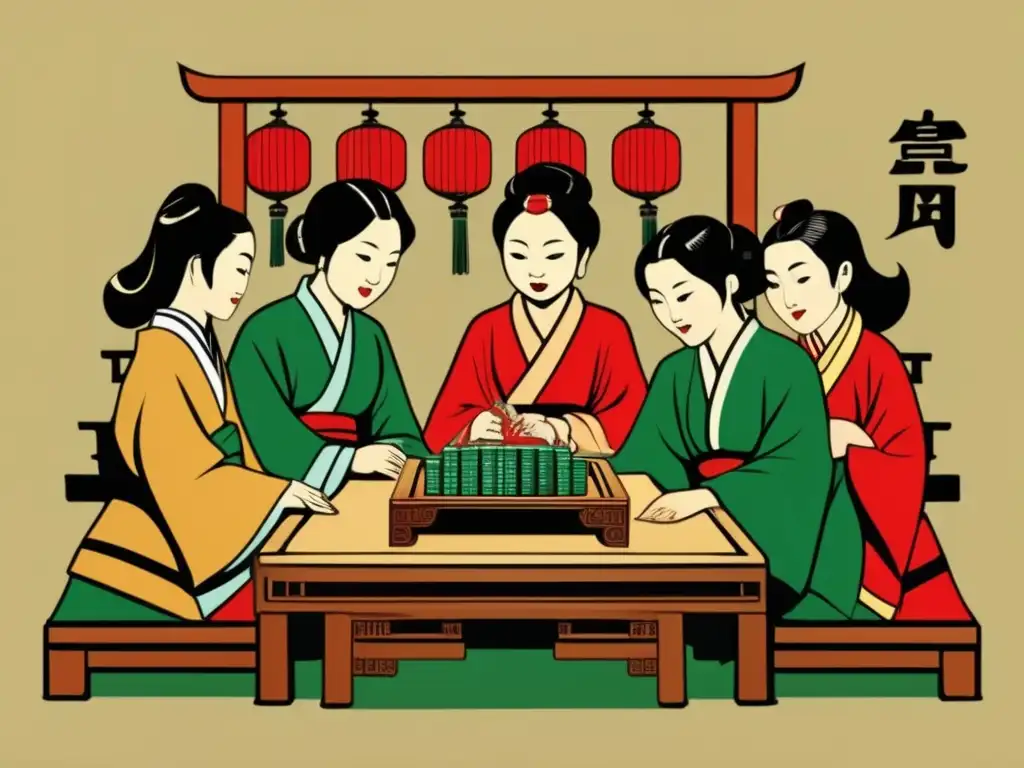 Un grupo de personas juega al mahjong en una escena tradicional china, destacando la influencia del mahjong en la cultura.