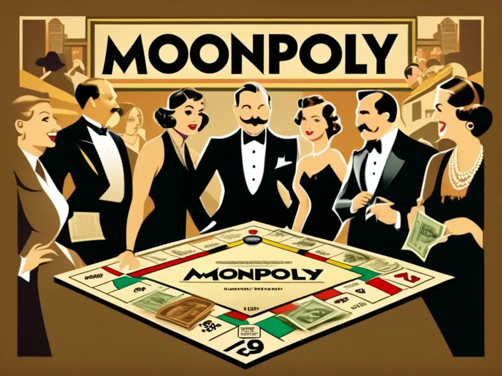 Un grupo de personas juega Monopoly con expresiones intensas, rodeados de detalles vintage y vestidos al estilo de los años 30, capturando la esencia nostálgica del juego. Los tonos cálidos realzan la atmósfera vintage, y la imagen irradia historia y el impacto cultural de Monopoly en la