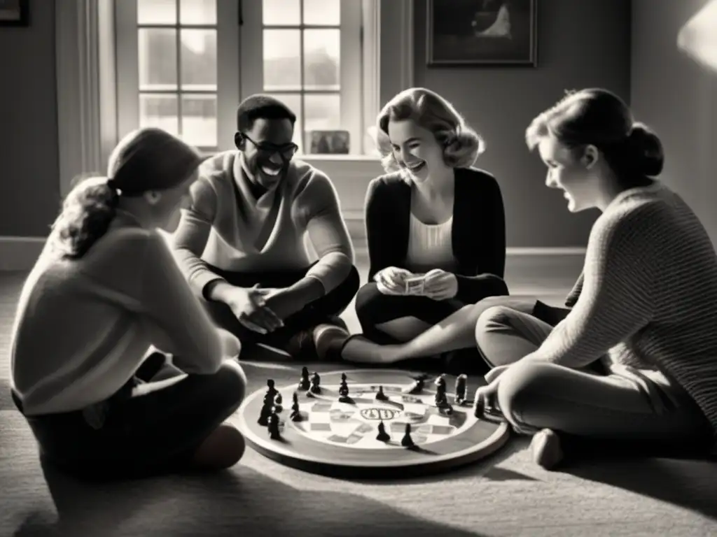 Un grupo de personas se reúne en una habitación vintage, disfrutando de un juego de mesa. La luz suave y la atmósfera cálida invitan a la terapia de superación personal a través del juego.