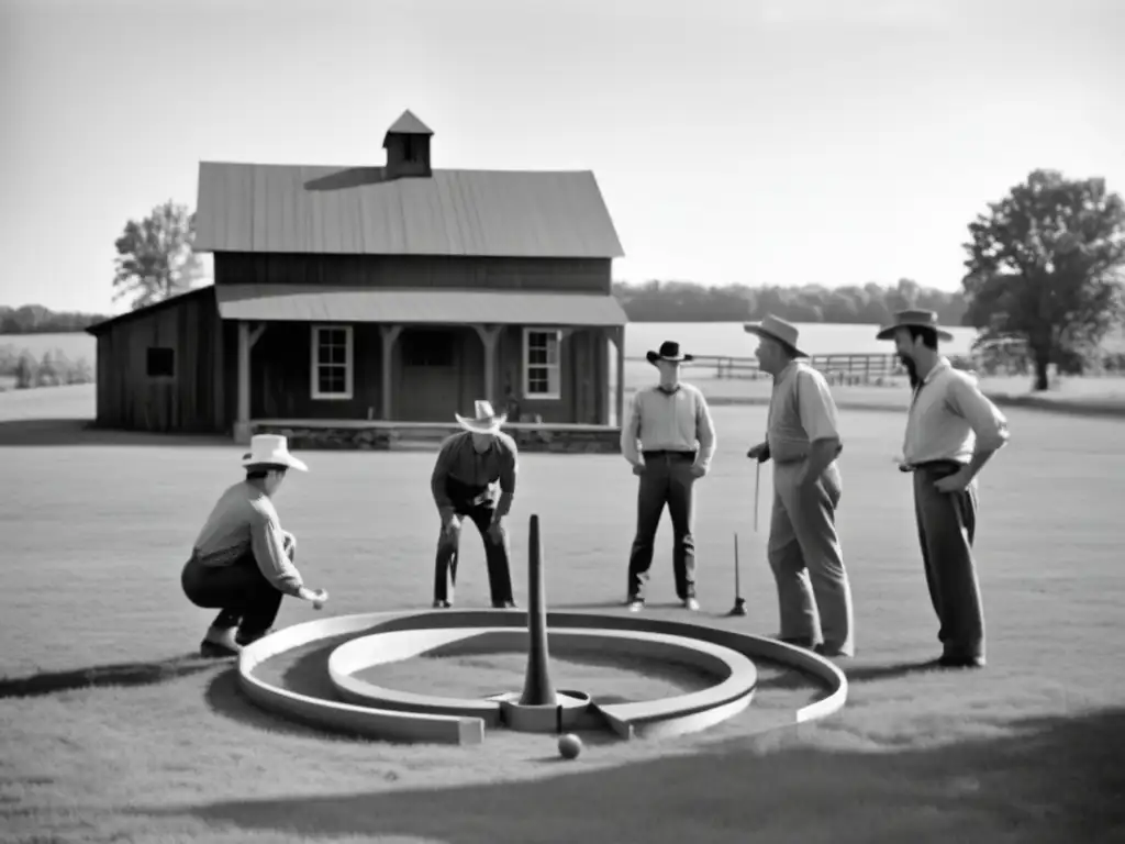 Un grupo de personas juega a la herradura tradicional en un entorno rural americano, mostrando precisión y tradición.