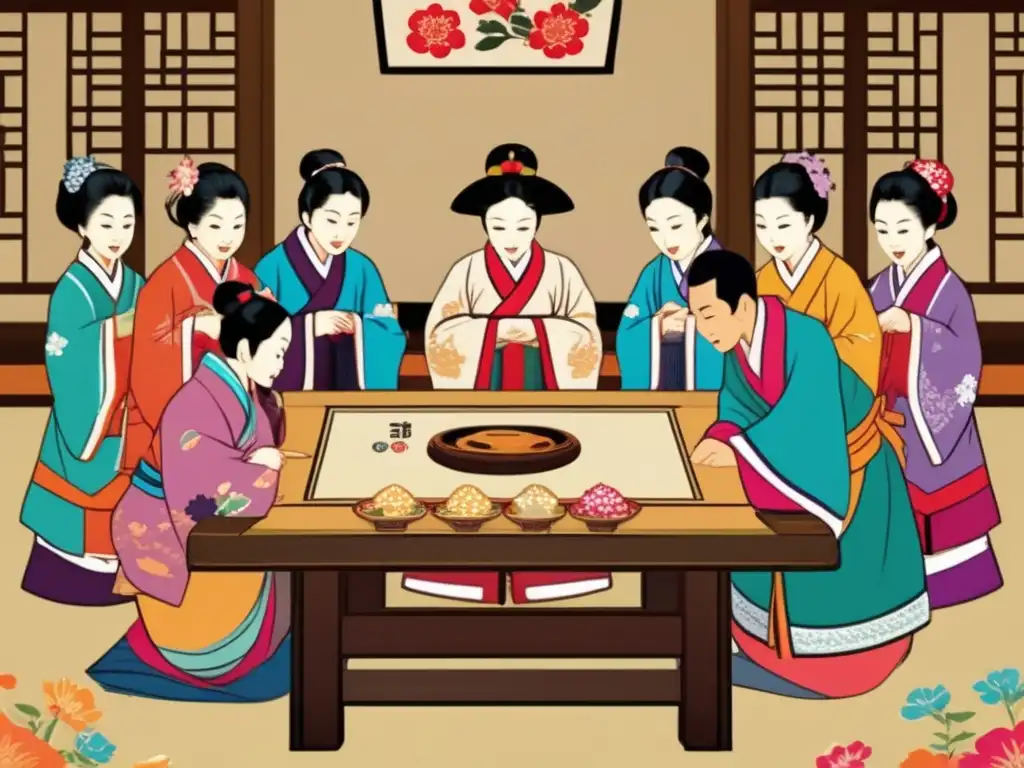 Un grupo de personas juega Hwatu en una mesa tradicional coreana, mostrando la alegría y concentración del juego. <b>Resurgimiento cultural de los juegos de cartas coreanos.