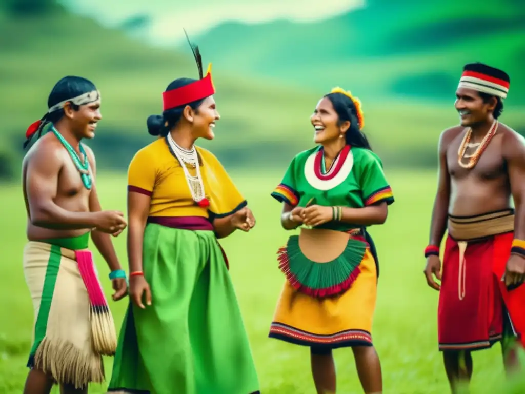 Un grupo de personas indígenas de Oceanía juega un animado juego tradicional en un campo verde exuberante, irradiando orgullo cultural y alegría. La imagen captura la esencia de la revitalización de los juegos ancestrales en Oceanía.