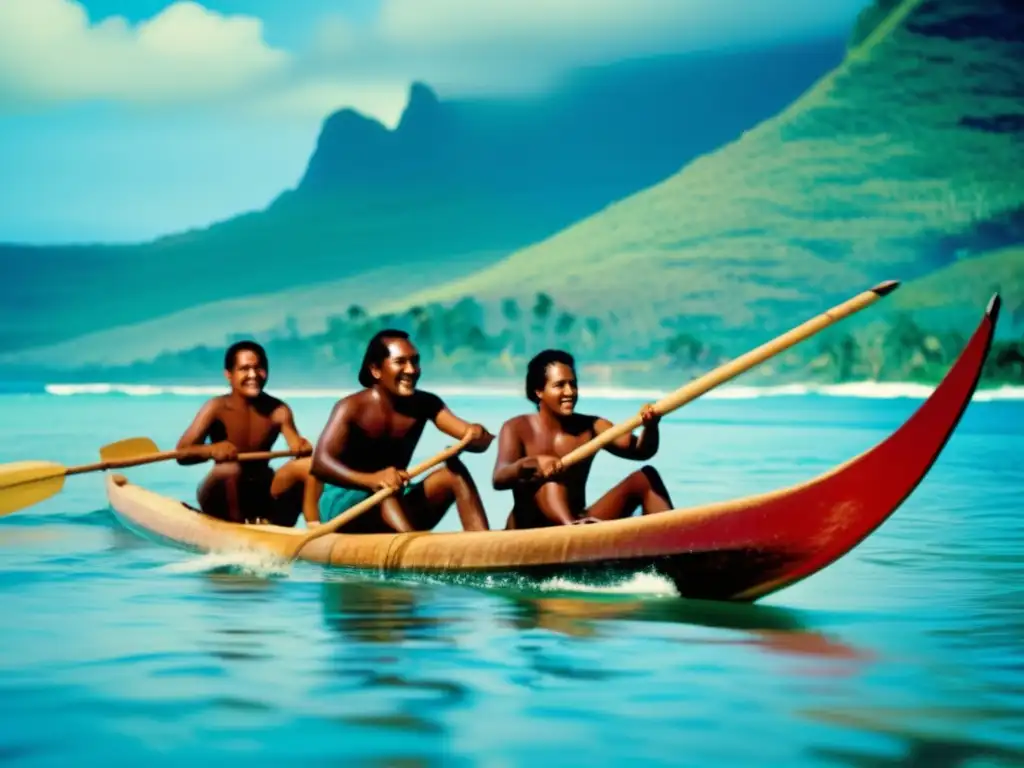 Un grupo de personas indígenas de Oceanía practican un deporte acuático tradicional en una foto vintage. <b>Historia juegos acuáticos Oceanía.