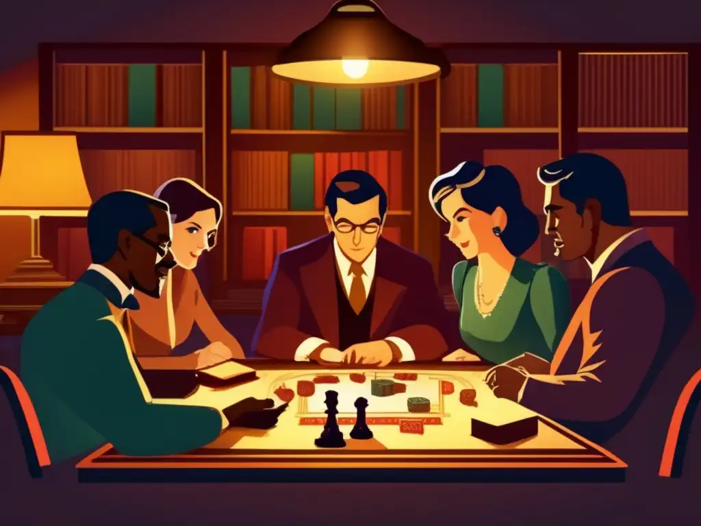 Un grupo de personas inmersas en un juego estratégico en una habitación antigua iluminada por una lámpara, fomentando el pensamiento crítico.