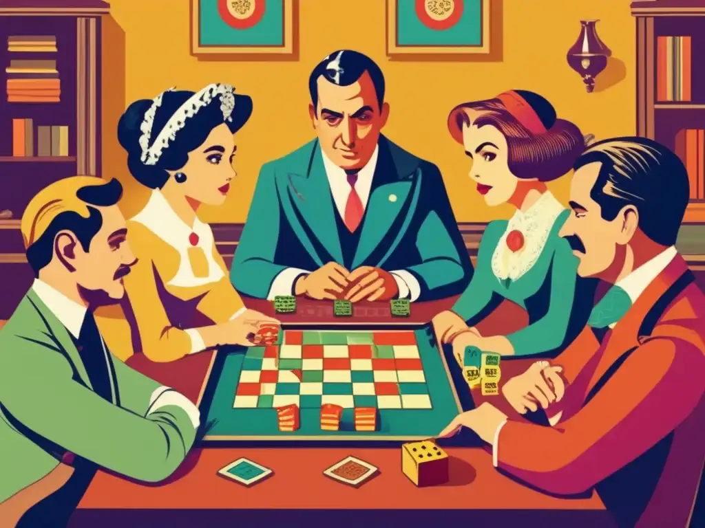 Un grupo de personas inmersas en un juego de mesa vintage, con expresiones intensas mientras disfrutan de un juego estratégico. La atmósfera nostálgica y el impacto cultural de los juegos de la historia se reflejan en la ilustración detallada.