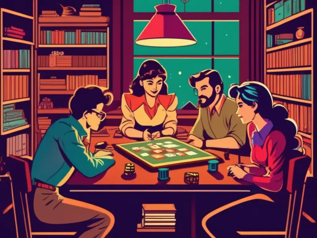 Un grupo de personas inmersas en un juego de rol de mesa en una acogedora habitación vintage, rodeados de juegos de mesa y manuales de rol. <b>Evoca la evolución de la cultura de los juegos de rol.
