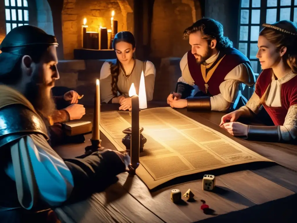 Un grupo de personas inmersas en un juego de rol histórico en un castillo medieval. La atmósfera está llena de nostalgia y emoción.